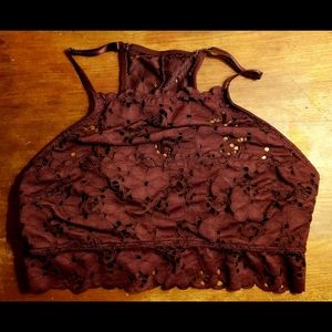 Dark Burgundy Lace Aerie Halter Bralette M